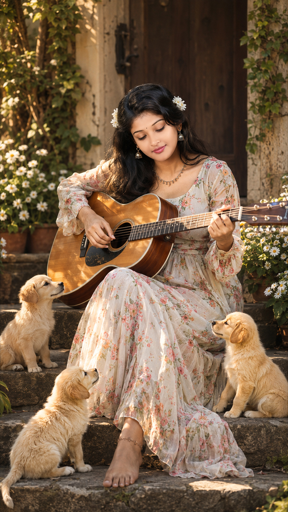 🌸🎸 Melody in Bloom ✨ | Dreamy Girl with Guitar & Cute Puppies 🐶💕