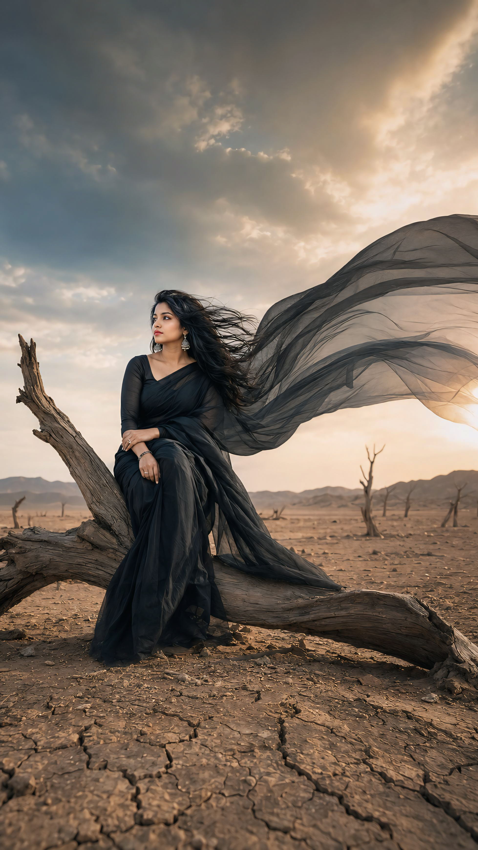 🖤✨ Desert Goddess 🌪️ | 🏜️ Stunning Black Saree Flying in the Wind 🦋