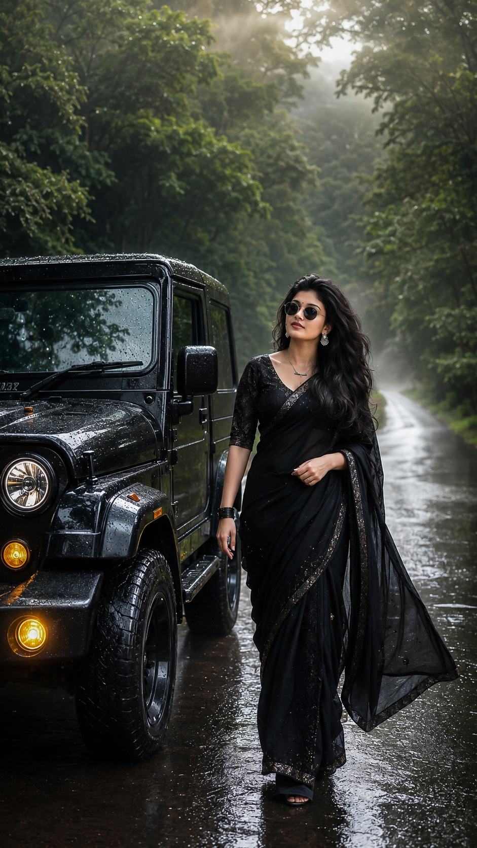 🔥 Bold Black Saree Look with Thar Jeep 🚙