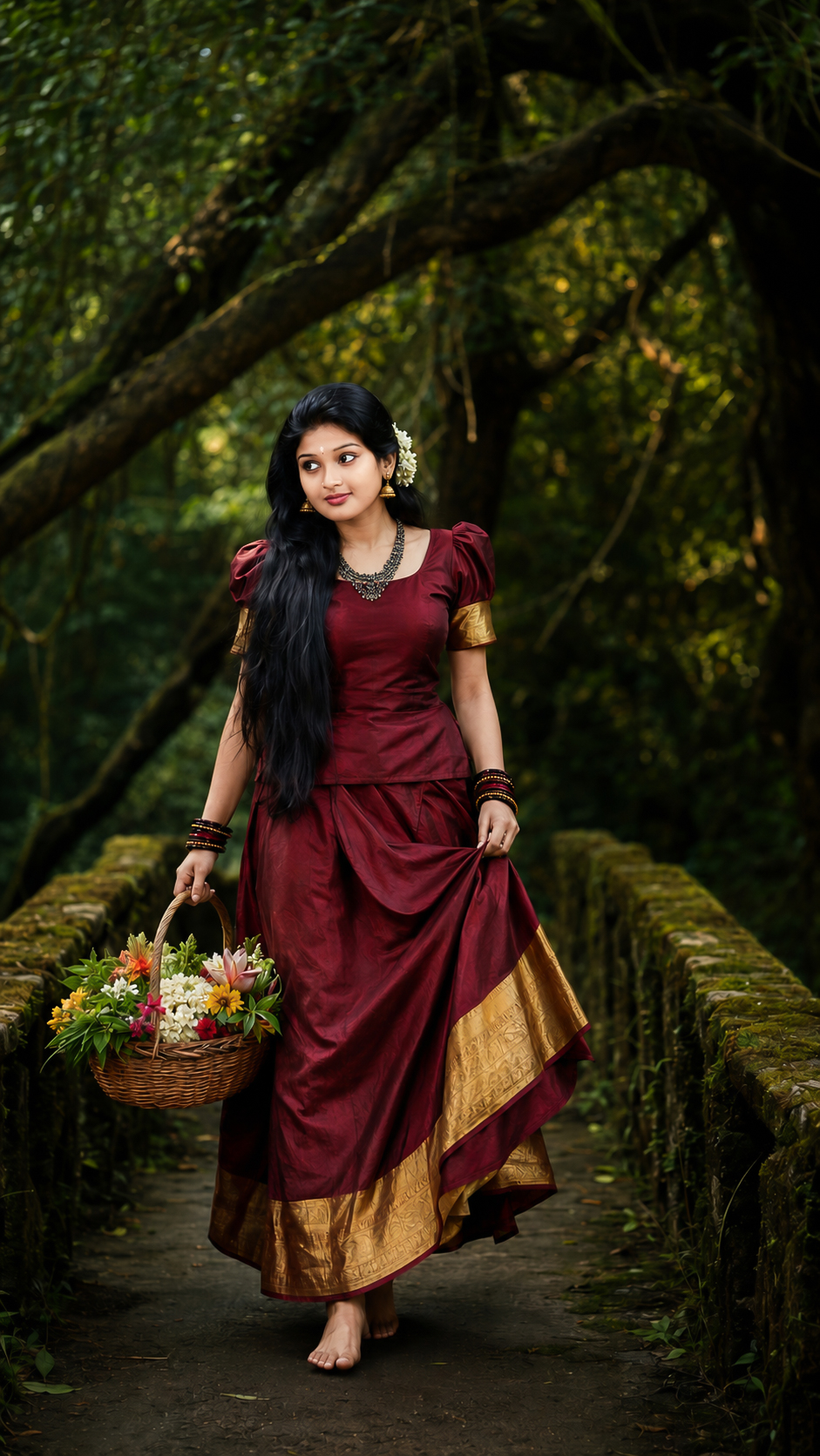 🌿 Maroon Traditional Dress & Flower Basket 💐