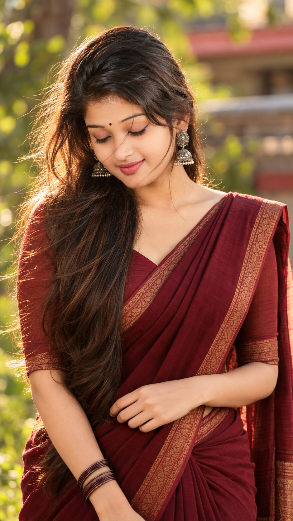 🌹 Dreamy Maroon Saree AI Photo Prompt | Silky Hair • Golden Hour • Canon DSLR Look 📸